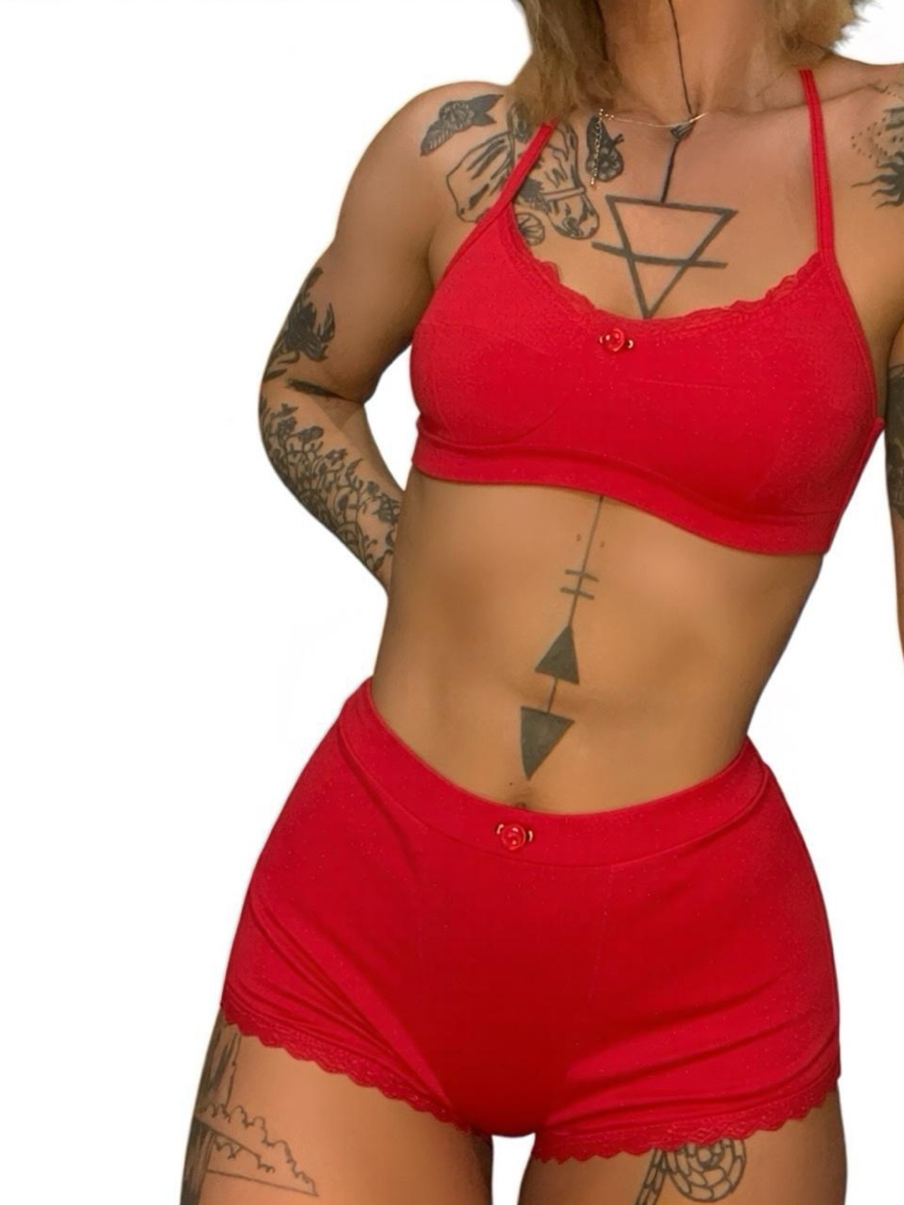 Red Coquette Lace-Trim Loungewear Set - GrlFriday Shop